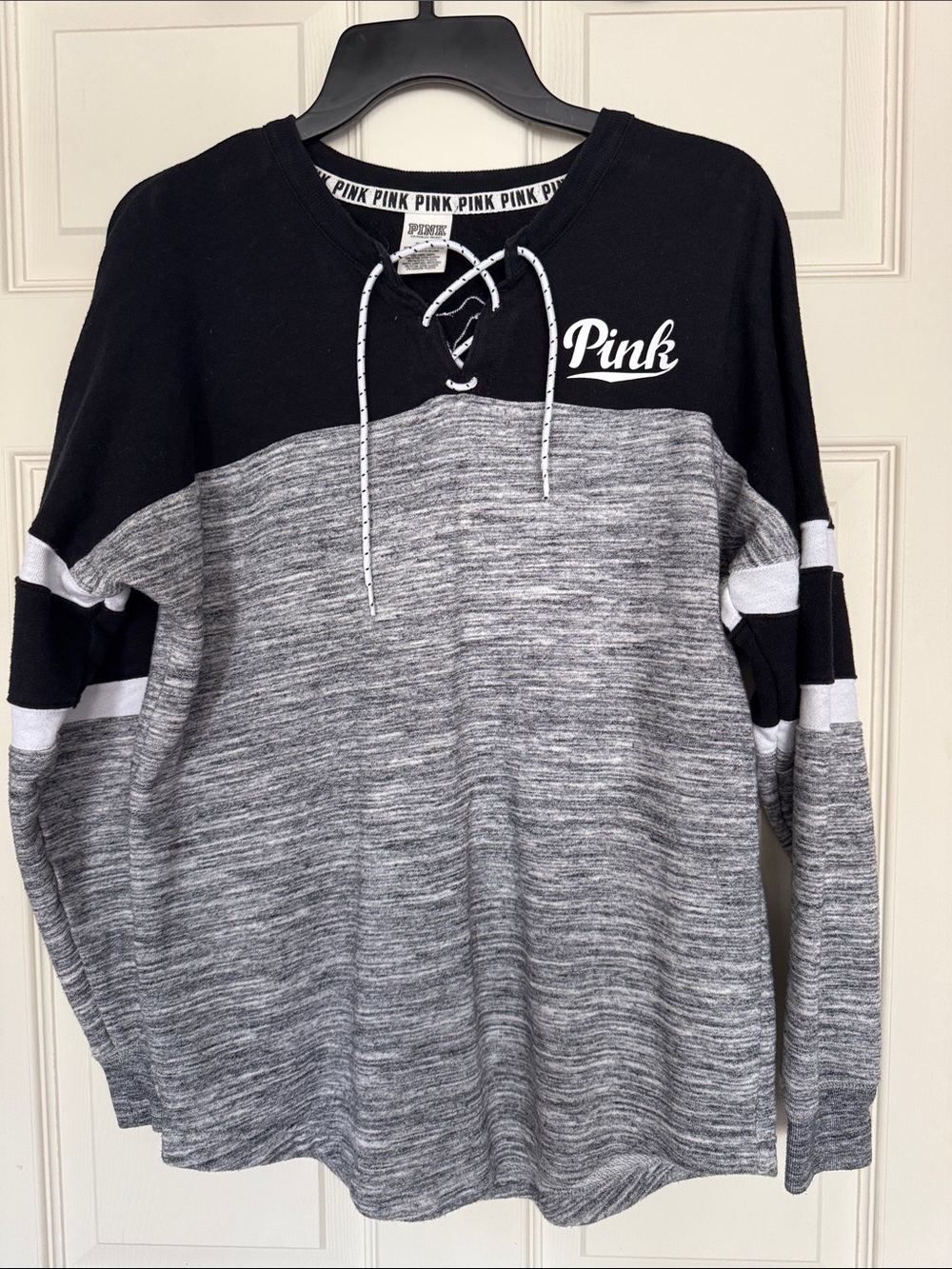 PINK Victoria's Secret Black & Heather Gray Lace-Up Crewneck Sweater